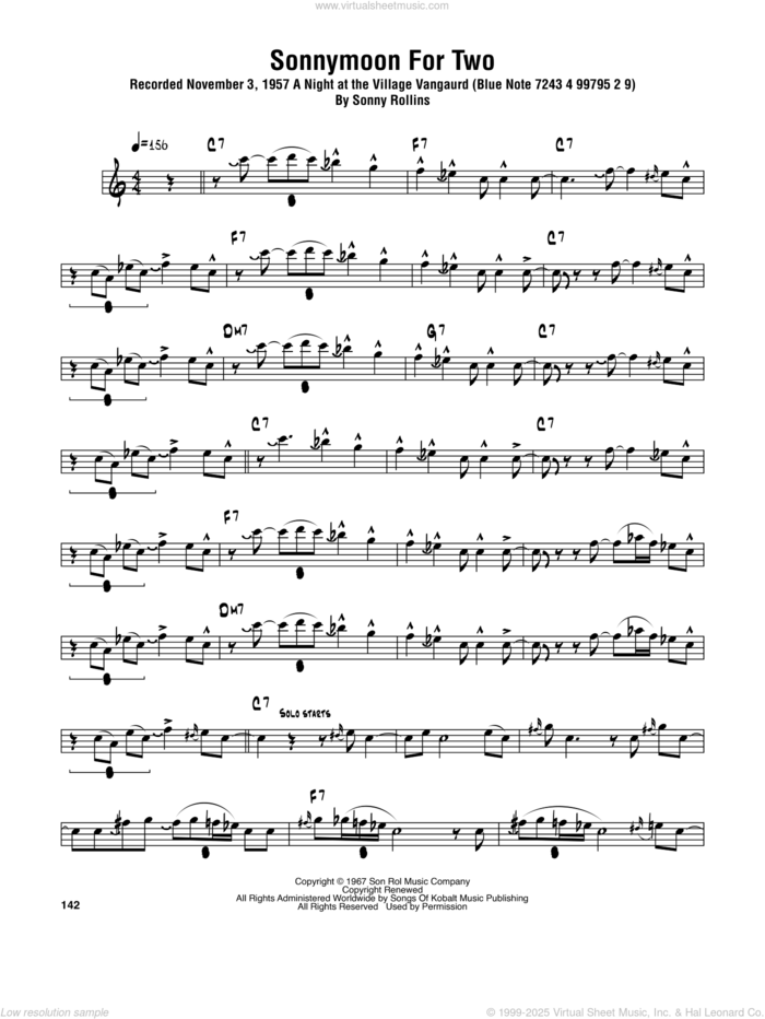 Sonnymoon For Two sheet music for tenor saxophone solo (transcription) by Sonny Rollins, intermediate tenor saxophone (transcription)