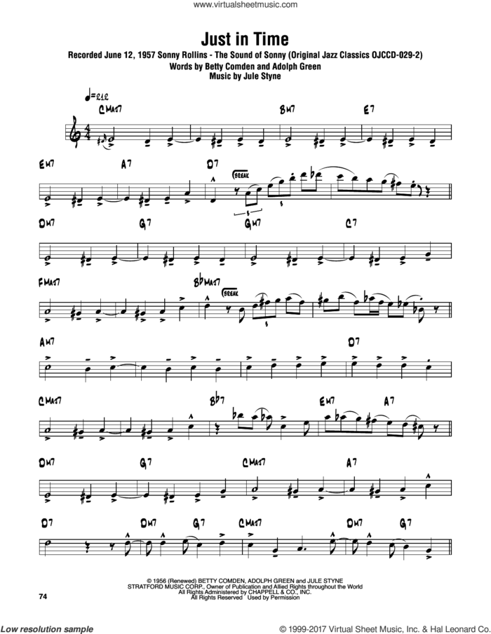 Just In Time sheet music for tenor saxophone solo (transcription) by Sonny Rollins, Adolph Green, Betty Comden and Jule Styne, intermediate tenor saxophone (transcription)