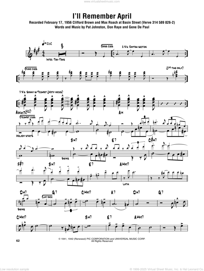 I'll Remember April sheet music for tenor saxophone solo (transcription) by Sonny Rollins, Don Raye, Gene DePaul and Pat Johnston, intermediate tenor saxophone (transcription)