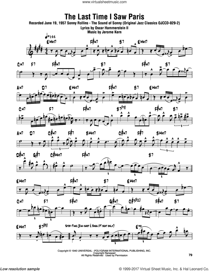 The Last Time I Saw Paris sheet music for tenor saxophone solo (transcription) by Sonny Rollins, Jerome Kern and Oscar II Hammerstein, intermediate tenor saxophone (transcription)
