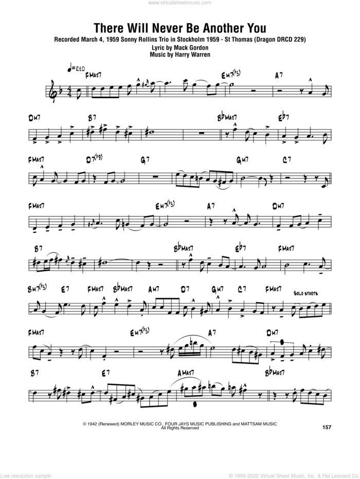 There Will Never Be Another You sheet music for tenor saxophone solo (transcription) by Sonny Rollins, Harry Warren and Mack Gordon, intermediate tenor saxophone (transcription)