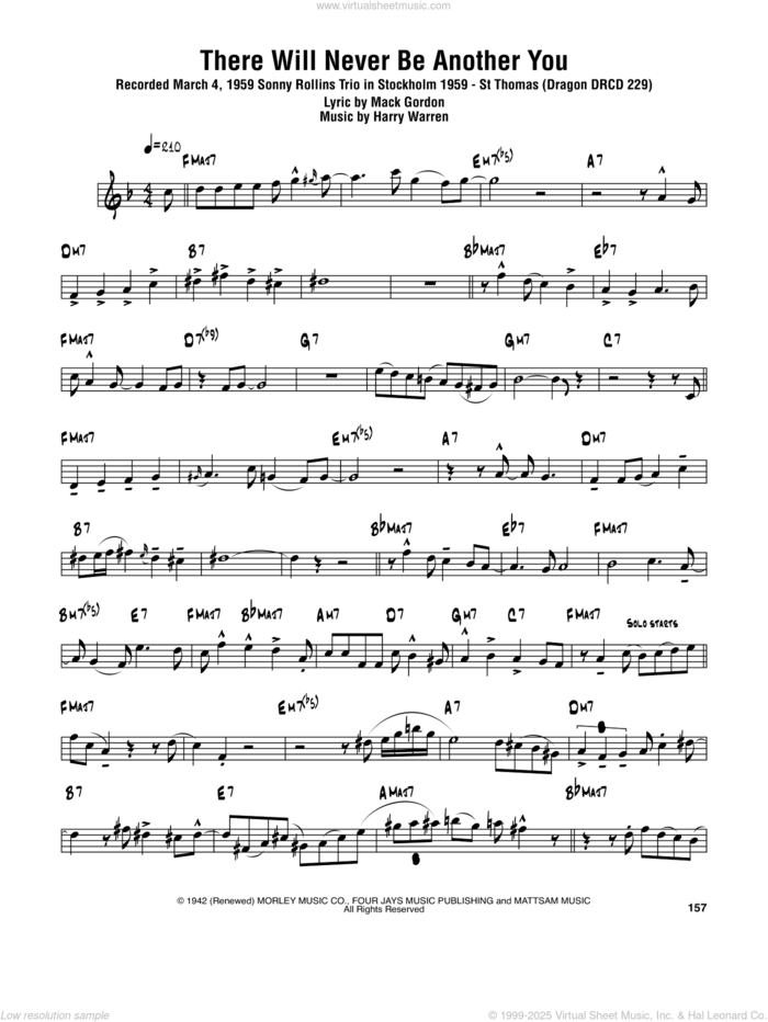 There Will Never Be Another You sheet music for tenor saxophone solo (transcription) by Sonny Rollins, Harry Warren and Mack Gordon, intermediate tenor saxophone (transcription)