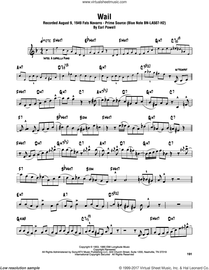Wail sheet music for tenor saxophone solo (transcription) by Sonny Rollins, Bud Powell and Earl Powell, intermediate tenor saxophone (transcription)
