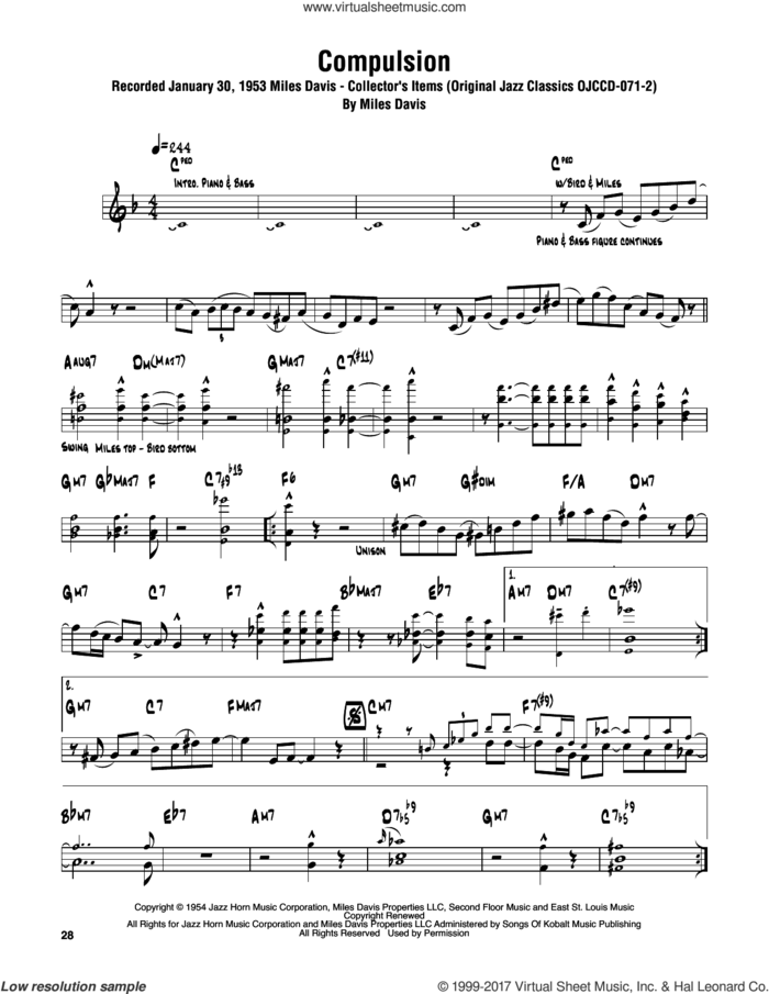 Compulsion sheet music for tenor saxophone solo (transcription) by Sonny Rollins and Miles Davis, intermediate tenor saxophone (transcription)