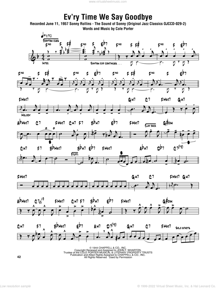 Ev'ry Time We Say Goodbye sheet music for tenor saxophone solo (transcription) by Sonny Rollins and Cole Porter, intermediate tenor saxophone (transcription)