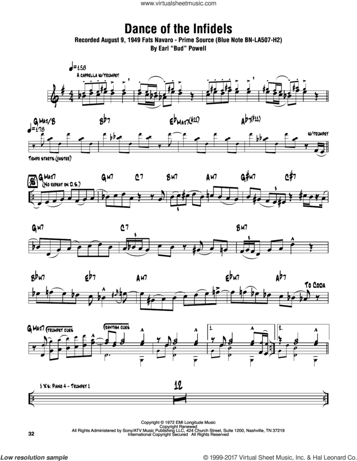 Dance Of The Infidels sheet music for tenor saxophone solo (transcription) by Sonny Rollins and Bud Powell, intermediate tenor saxophone (transcription)