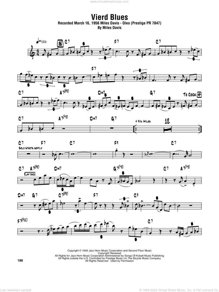 Vierd Blues sheet music for tenor saxophone solo (transcription) by Sonny Rollins and Miles Davis, intermediate tenor saxophone (transcription)