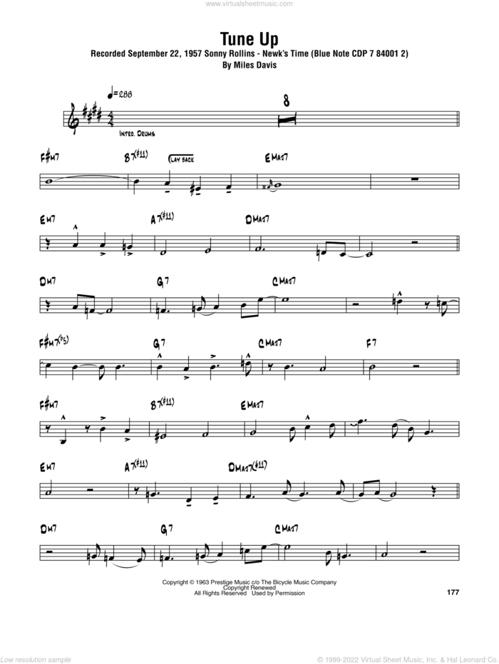 Tune Up sheet music for tenor saxophone solo (transcription) by Sonny Rollins and Miles Davis, intermediate tenor saxophone (transcription)
