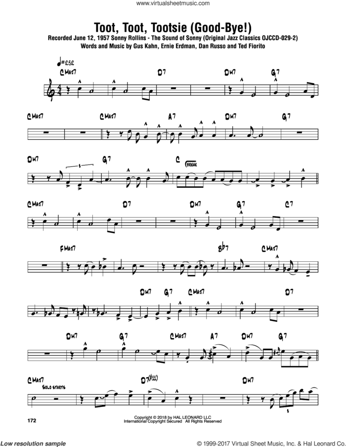 Toot, Toot, Tootsie! (Good-bye!) sheet music for tenor saxophone solo (transcription) by Sonny Rollins, Dan Russo, Ernie Erdman, Gus Kahn and Ted Fiorito, intermediate tenor saxophone (transcription)