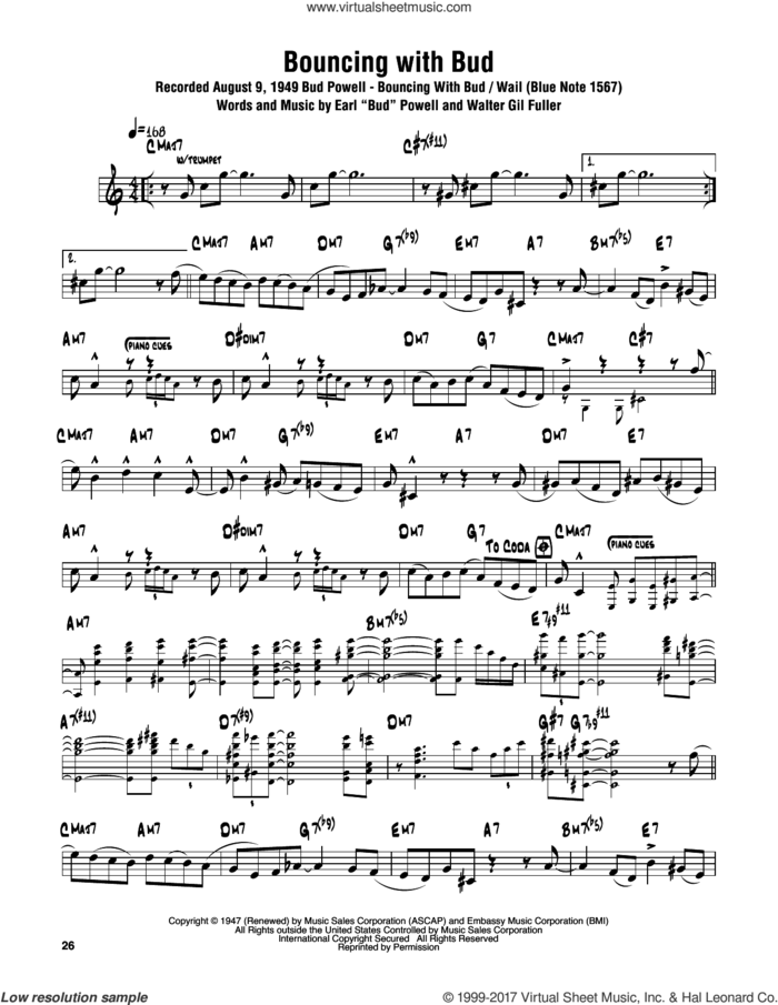 Bouncing With Bud sheet music for tenor saxophone solo (transcription) by Sonny Rollins, Bud Powell and Walter Gil Fuller, intermediate tenor saxophone (transcription)