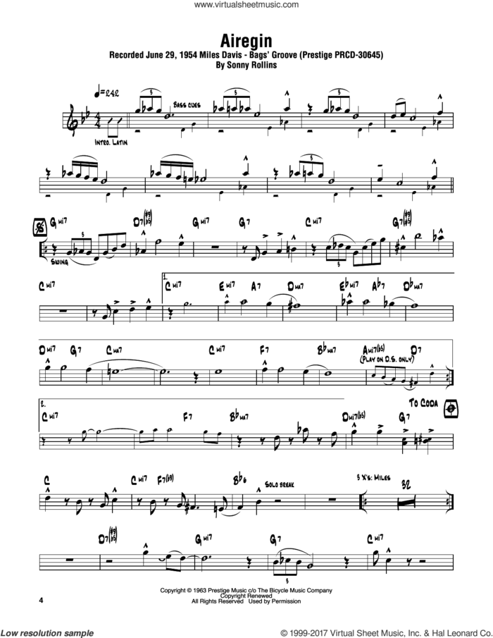 Airegin sheet music for tenor saxophone solo (transcription) by Sonny Rollins and John Coltrane, intermediate tenor saxophone (transcription)