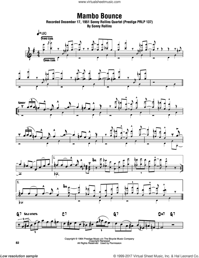 Mambo Bounce sheet music for tenor saxophone solo (transcription) by Sonny Rollins, intermediate tenor saxophone (transcription)