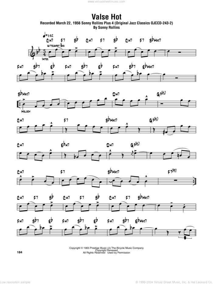 Valse Hot sheet music for tenor saxophone solo (transcription) by Sonny Rollins, intermediate tenor saxophone (transcription)