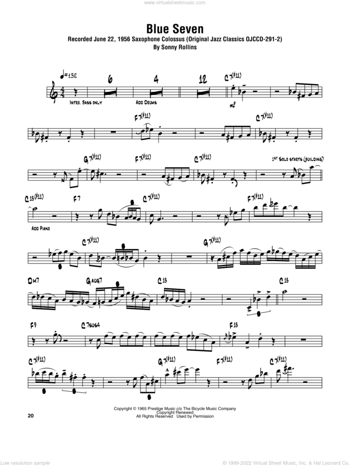 Blue Seven sheet music for tenor saxophone solo (transcription) by Sonny Rollins, intermediate tenor saxophone (transcription)