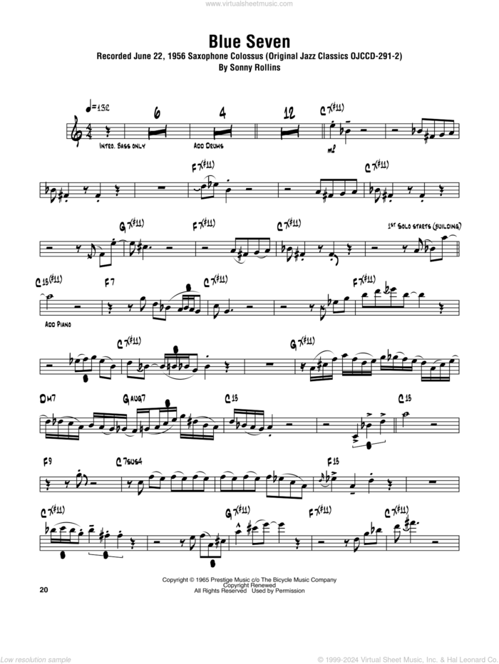 Blue Seven sheet music for tenor saxophone solo (transcription) by Sonny Rollins, intermediate tenor saxophone (transcription)