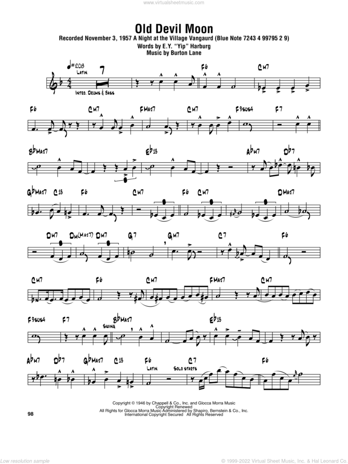 Old Devil Moon sheet music for tenor saxophone solo (transcription) by Sonny Rollins, Burton Lane and E.Y. Harburg, intermediate tenor saxophone (transcription)