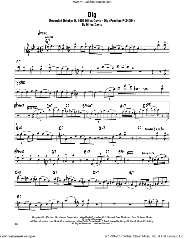 Dig sheet music for tenor saxophone solo (transcription) by Sonny Rollins and Miles Davis, intermediate tenor saxophone (transcription)