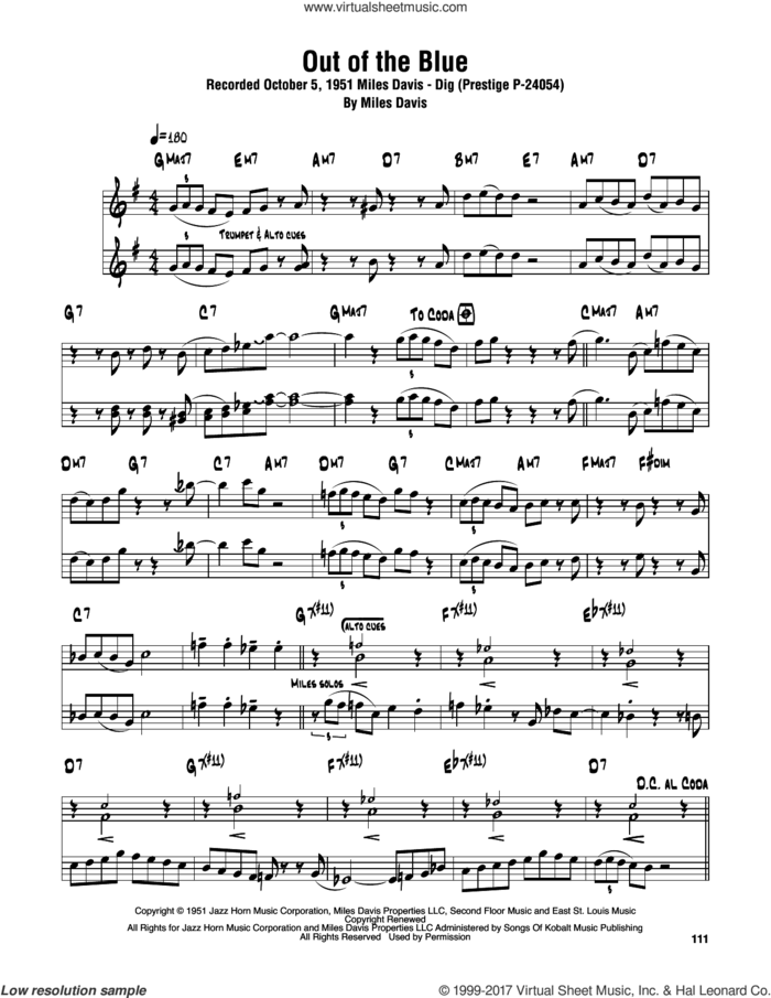 Out Of The Blue sheet music for tenor saxophone solo (transcription) by Sonny Rollins and Miles Davis, intermediate tenor saxophone (transcription)