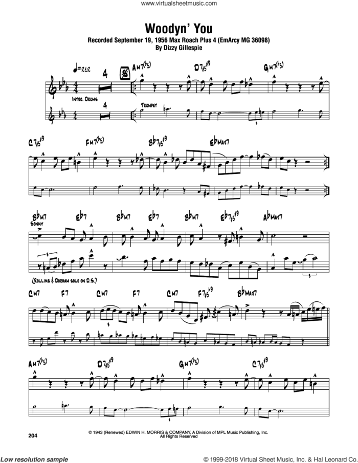 Woodyn' You sheet music for tenor saxophone solo (transcription) by Sonny Rollins and Dizzy Gillespie, intermediate tenor saxophone (transcription)