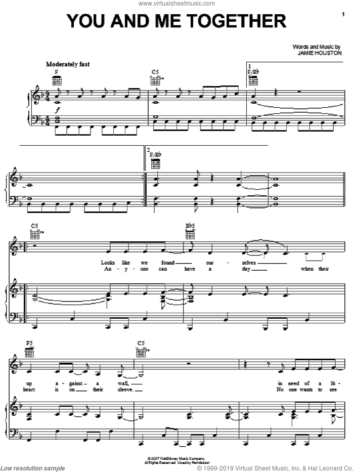 You And Me Together sheet music for voice, piano or guitar by Hannah Montana, Miley Cyrus and Jamie Houston, intermediate skill level