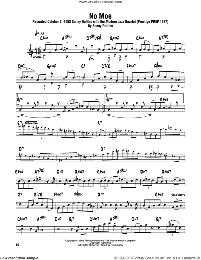 No Moe sheet music for tenor saxophone solo (transcription) by Sonny Rollins, intermediate tenor saxophone (transcription)