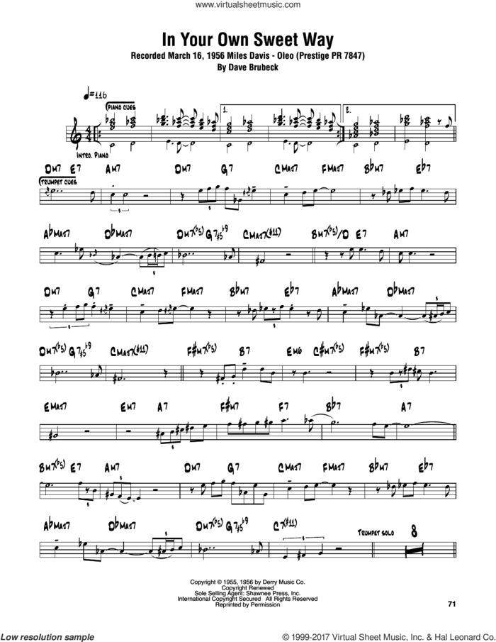 In Your Own Sweet Way sheet music for tenor saxophone solo (transcription) by Sonny Rollins and Dave Brubeck, intermediate tenor saxophone (transcription)