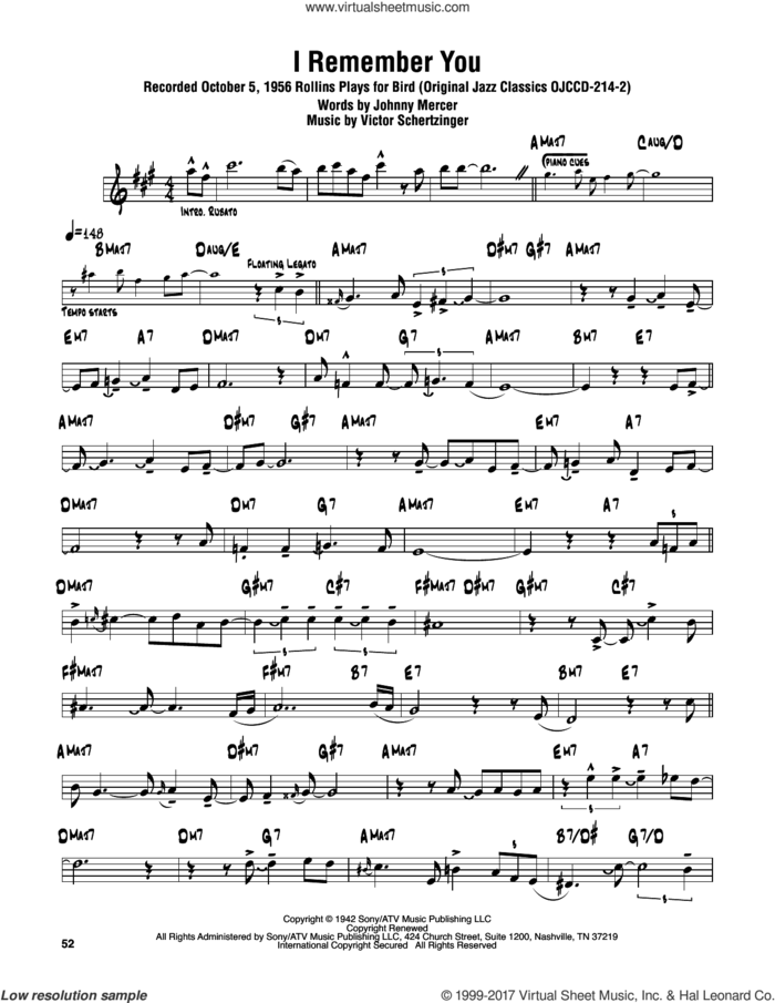 I Remember You sheet music for tenor saxophone solo (transcription) by Sonny Rollins, Johnny Mercer and Victor Schertzinger, intermediate tenor saxophone (transcription)