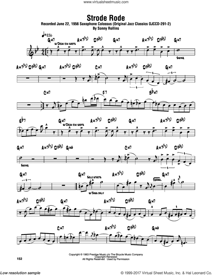 Strode Rode sheet music for tenor saxophone solo (transcription) by Sonny Rollins, intermediate tenor saxophone (transcription)