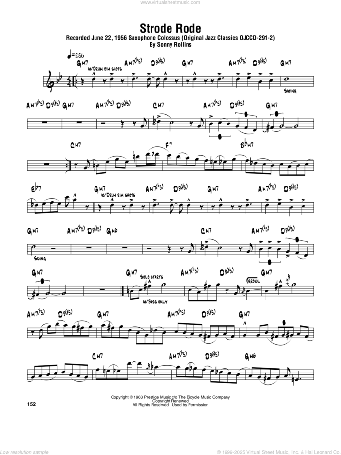 Strode Rode sheet music for tenor saxophone solo (transcription) by Sonny Rollins, intermediate tenor saxophone (transcription)