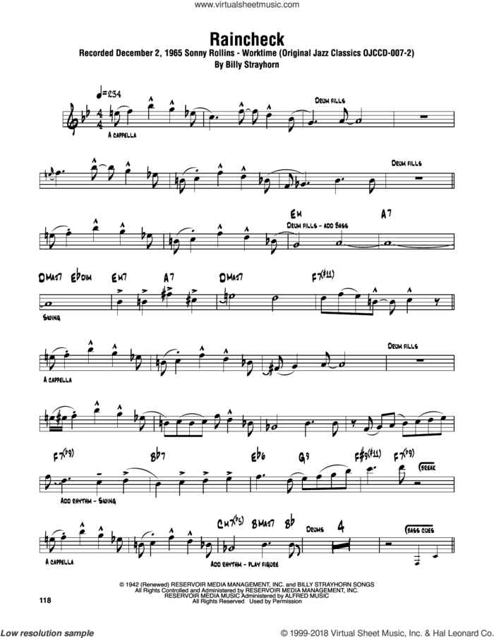 Raincheck sheet music for tenor saxophone solo (transcription) by Sonny Rollins and Billy Strayhorn, intermediate tenor saxophone (transcription)