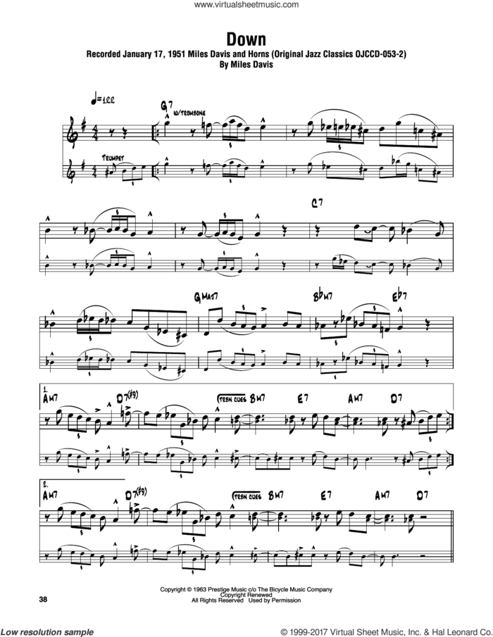 Down sheet music for tenor saxophone solo (transcription) by Sonny Rollins and Miles Davis, intermediate tenor saxophone (transcription)