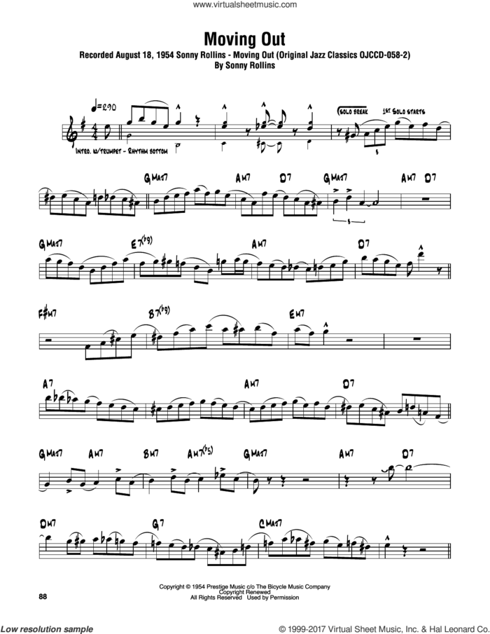 Moving Out sheet music for tenor saxophone solo (transcription) by Sonny Rollins, intermediate tenor saxophone (transcription)