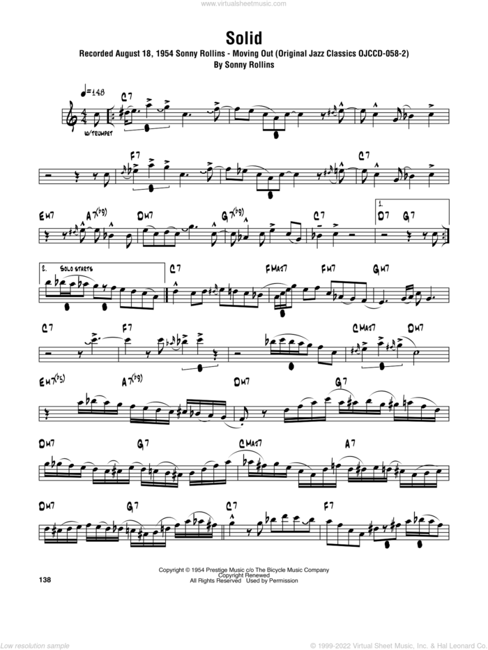 Solid sheet music for tenor saxophone solo (transcription) by Sonny Rollins, intermediate tenor saxophone (transcription)