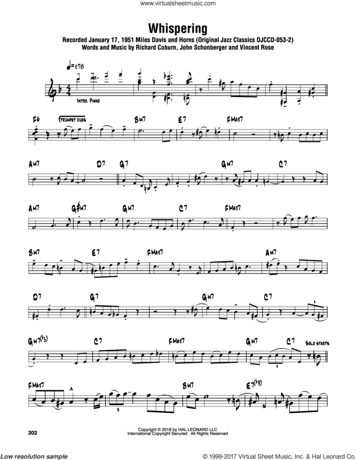 Whispering sheet music for tenor saxophone solo (transcription) by Sonny Rollins, John Schonberger, Richard Coburn and Vincent Rose, intermediate tenor saxophone (transcription)