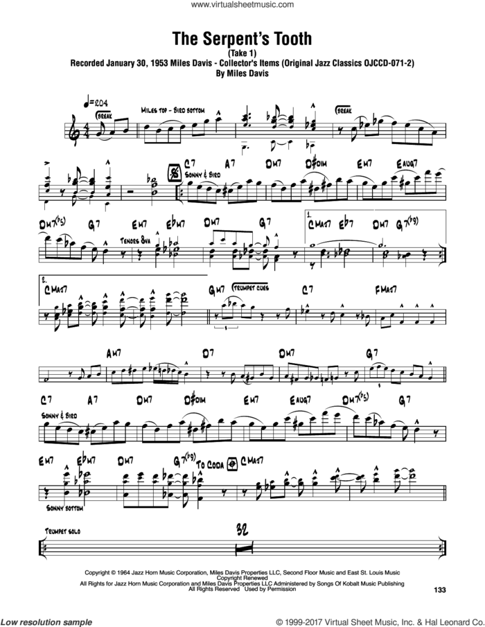 The Serpent's Tooth sheet music for tenor saxophone solo (transcription) by Sonny Rollins and Miles Davis, intermediate tenor saxophone (transcription)
