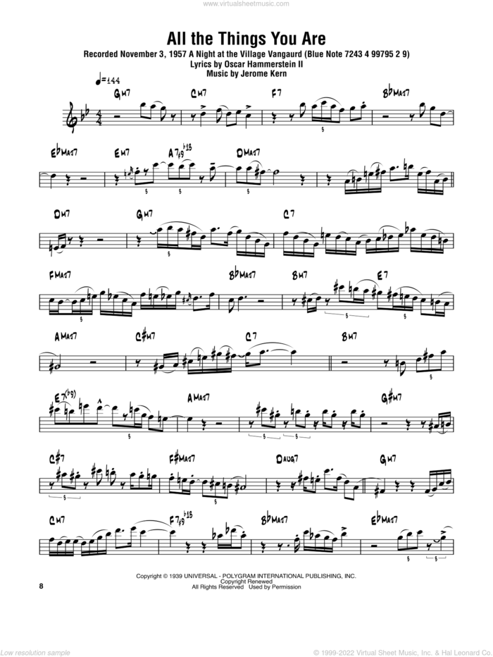 All The Things You Are sheet music for tenor saxophone solo (transcription) by Sonny Rollins, Jerome Kern and Oscar II Hammerstein, intermediate tenor saxophone (transcription)