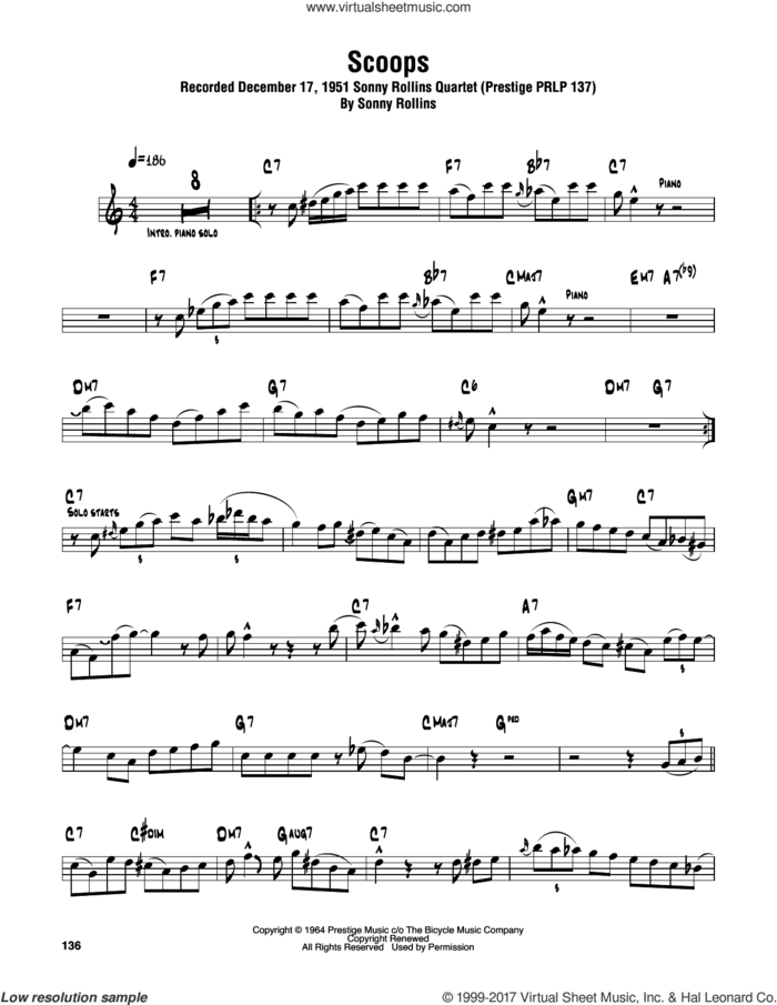 Scoops sheet music for tenor saxophone solo (transcription) by Sonny Rollins, intermediate tenor saxophone (transcription)