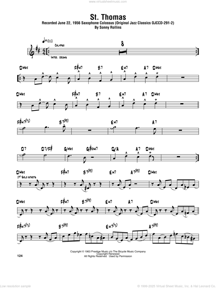 St. Thomas sheet music for tenor saxophone solo (transcription) by Sonny Rollins, intermediate tenor saxophone (transcription)