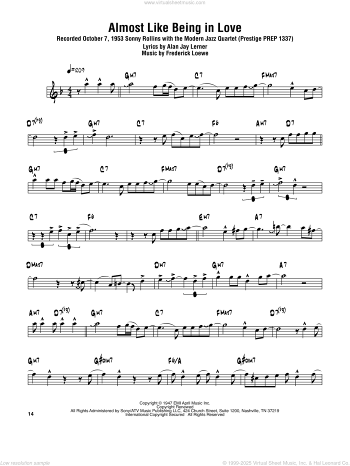 Almost Like Being In Love sheet music for tenor saxophone solo (transcription) by Sonny Rollins, Alan Jay Lerner and Frederick Loewe, intermediate tenor saxophone (transcription)