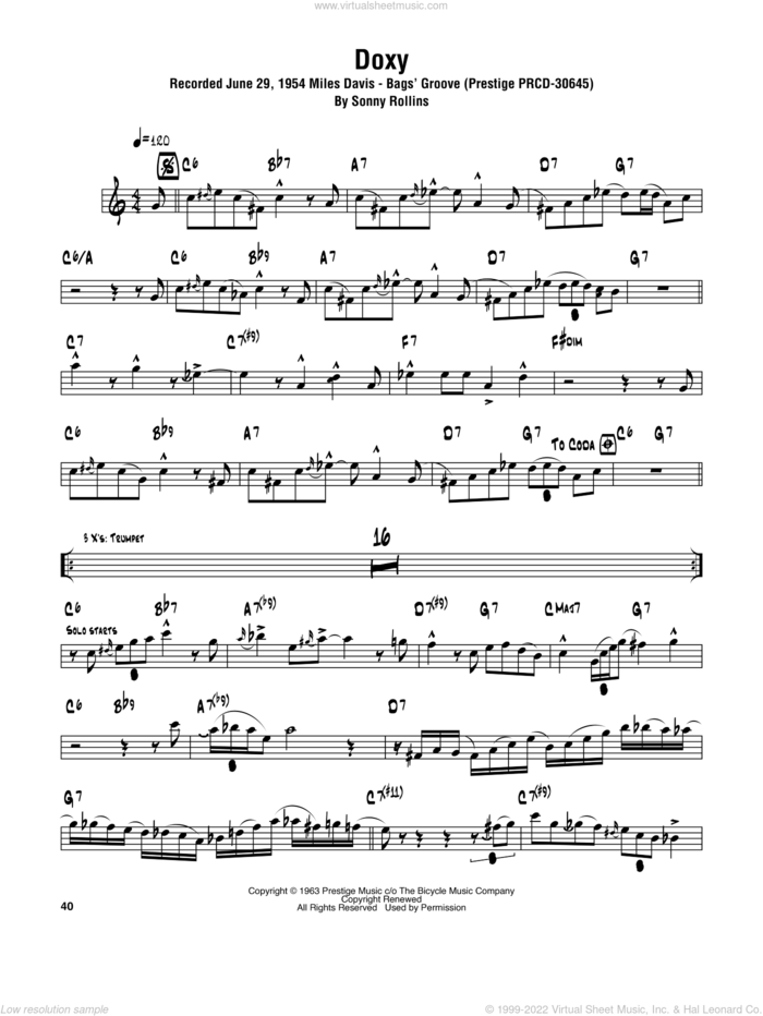 Doxy sheet music for tenor saxophone solo (transcription) by Sonny Rollins, intermediate tenor saxophone (transcription)