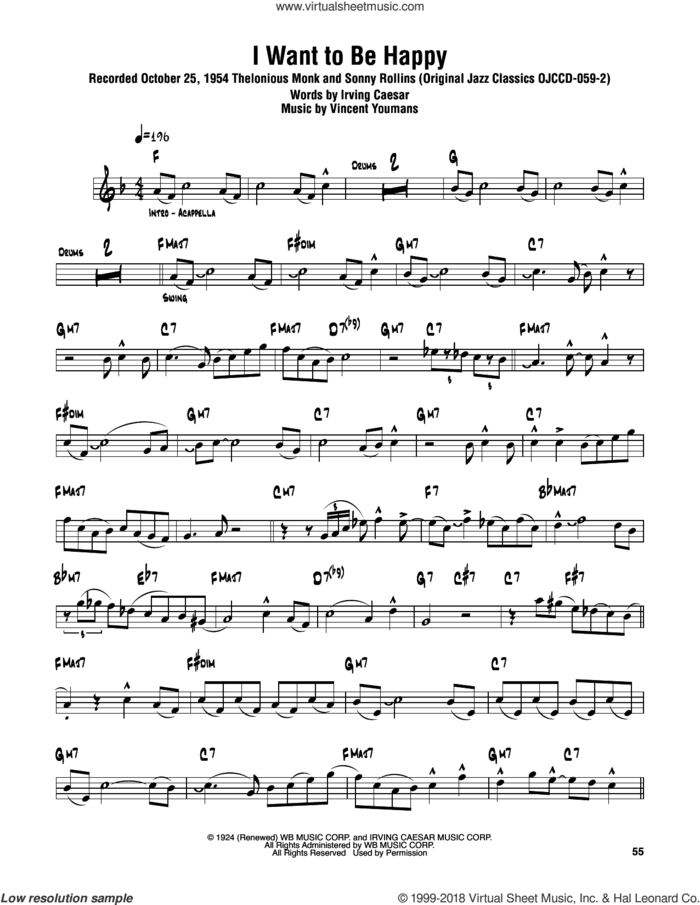 I Want To Be Happy sheet music for tenor saxophone solo (transcription) by Sonny Rollins, Irving Caesar and Vincent Youmans, intermediate tenor saxophone (transcription)
