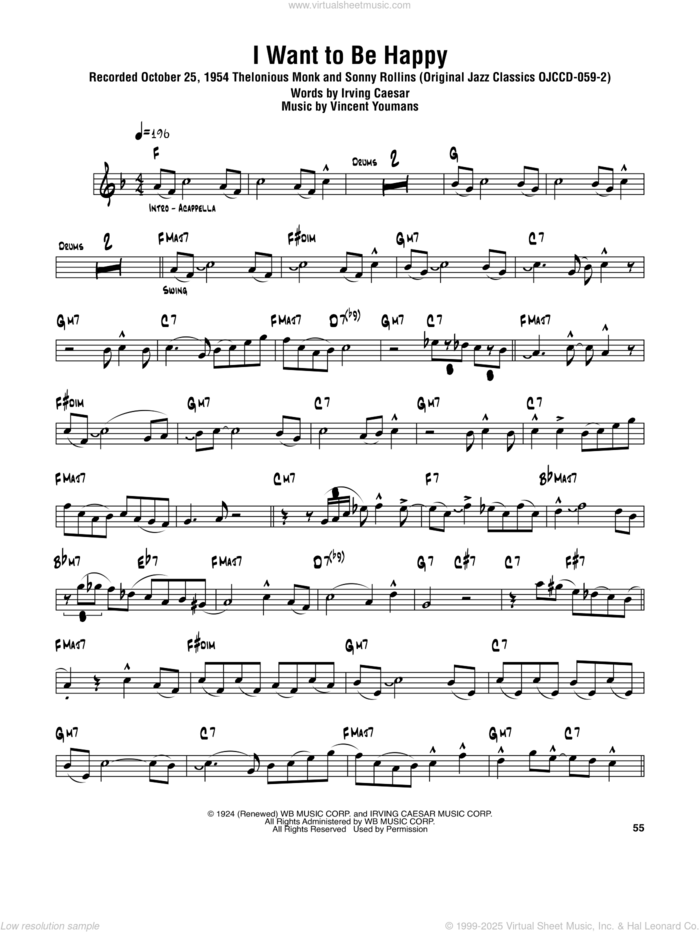 I Want To Be Happy sheet music for tenor saxophone solo (transcription) by Sonny Rollins, Irving Caesar and Vincent Youmans, intermediate tenor saxophone (transcription)