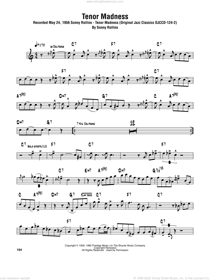 Tenor Madness sheet music for tenor saxophone solo (transcription) by Sonny Rollins, intermediate tenor saxophone (transcription)