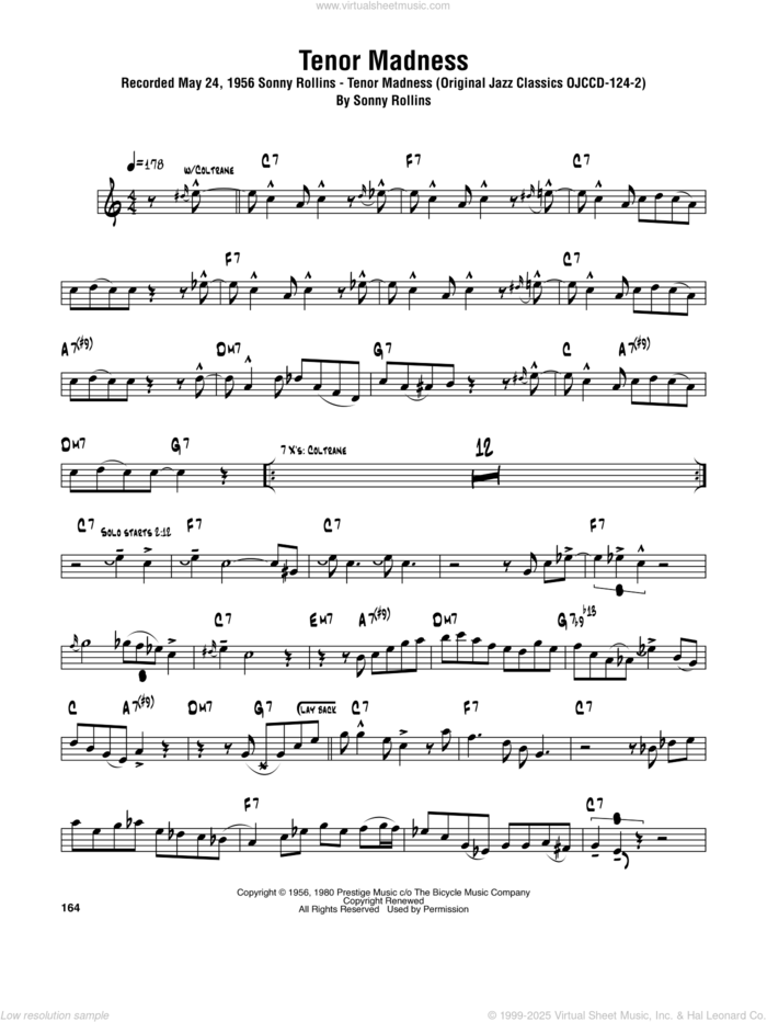 Tenor Madness sheet music for tenor saxophone solo (transcription) by Sonny Rollins, intermediate tenor saxophone (transcription)