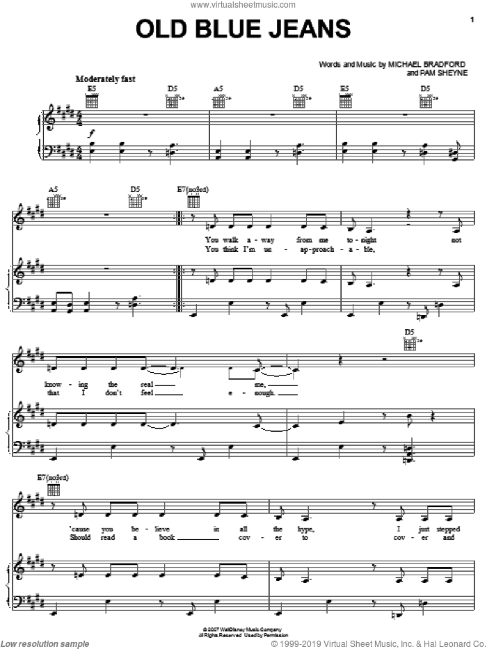 Old Blue Jeans sheet music for voice, piano or guitar by Hannah Montana, Miley Cyrus, Michael Bradford and Pam Sheyne, intermediate skill level