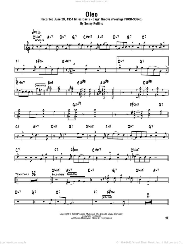 Oleo sheet music for tenor saxophone solo (transcription) by Sonny Rollins, intermediate tenor saxophone (transcription)