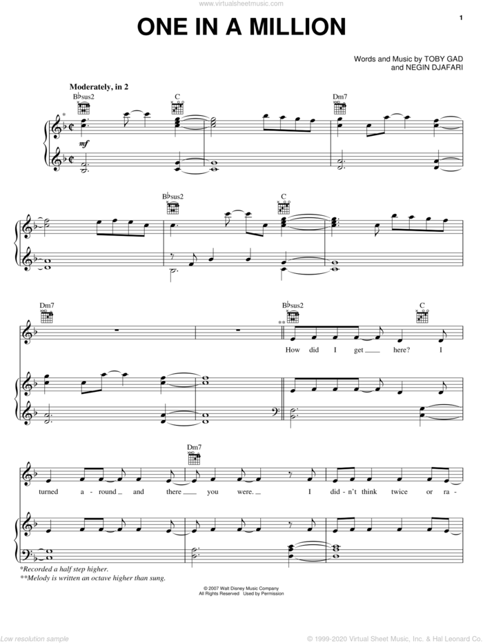 One In A Million sheet music for voice, piano or guitar by Hannah Montana, Miley Cyrus, Negin Djafari and Toby Gad, intermediate skill level