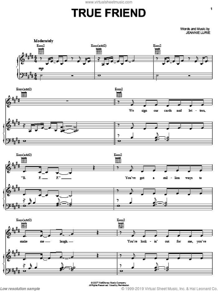 True Friend sheet music for voice, piano or guitar by Hannah Montana, Miley Cyrus and Jeannie Lurie, intermediate skill level