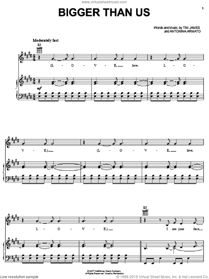 Bigger Than Us sheet music for voice, piano or guitar by Hannah Montana, Miley Cyrus, Antonina Armato and Tim James, intermediate skill level