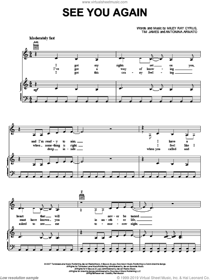 See You Again sheet music for voice, piano or guitar by Miley Cyrus, Hannah Montana, Antonina Armato, Destiny Hope Cyrus and Tim James, intermediate skill level